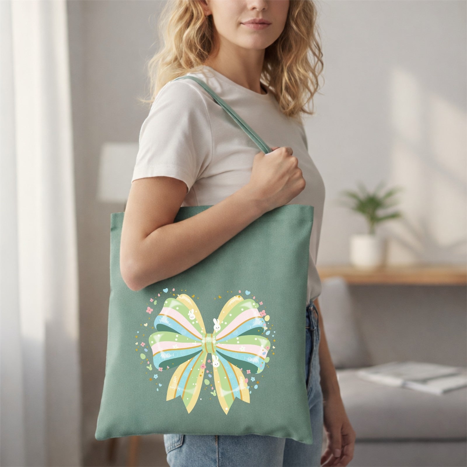 Woman holding a green tote bag with a colorful bow design in a room.