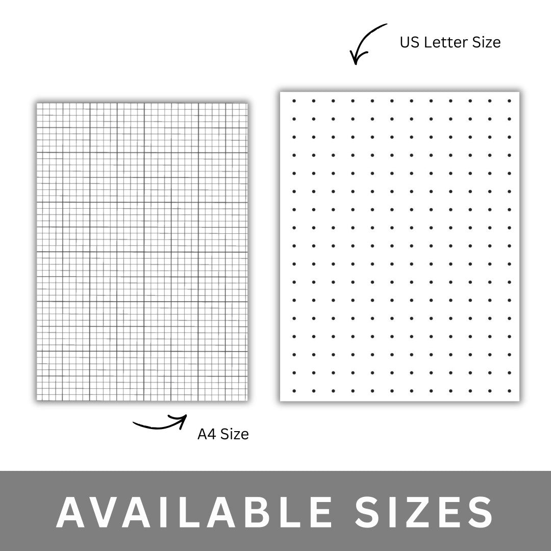 Two sheets of paper with grid and dot patterns, labeled A4 and US Letter size.