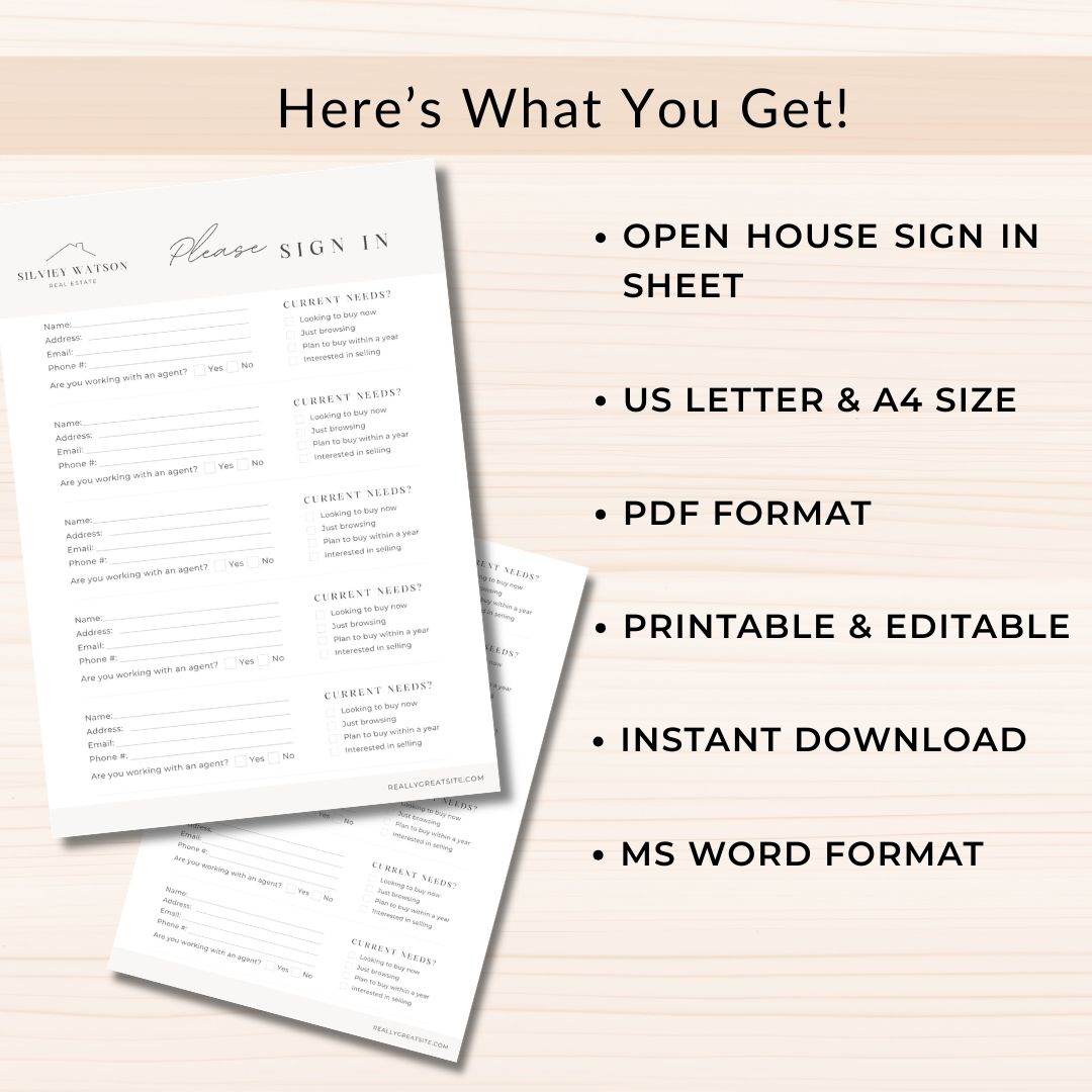 Open house sign-in sheet with product details on a beige background