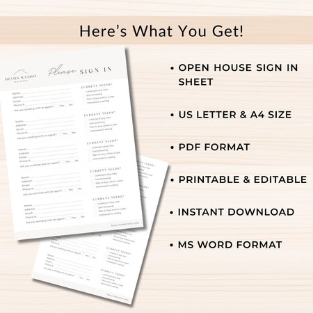 Open house sign-in sheet with product details on a beige background