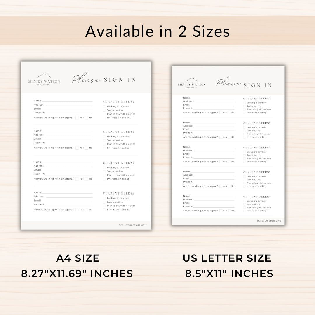 Two sign-in sheets with text, one A4 size and one US Letter size, on a light beige background.