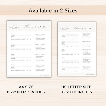 Two sign-in sheets with text, one A4 size and one US Letter size, on a light beige background.