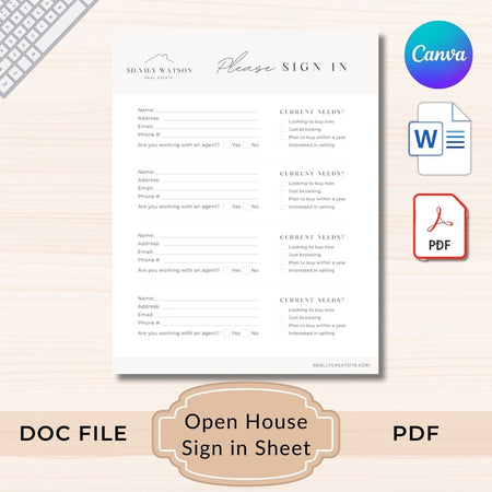 Open House Sign in Sheet with Canva logo and file format icons on a light background