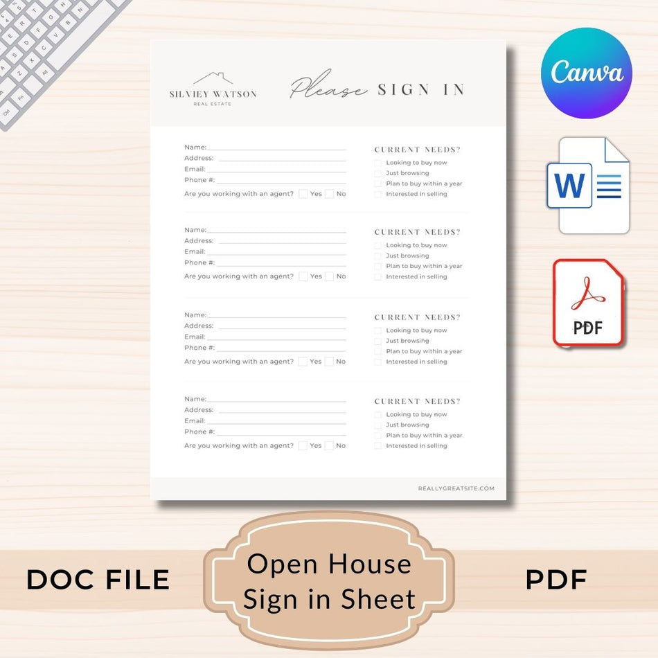 Open House Sign in Sheet with Canva logo and file format icons on a light background