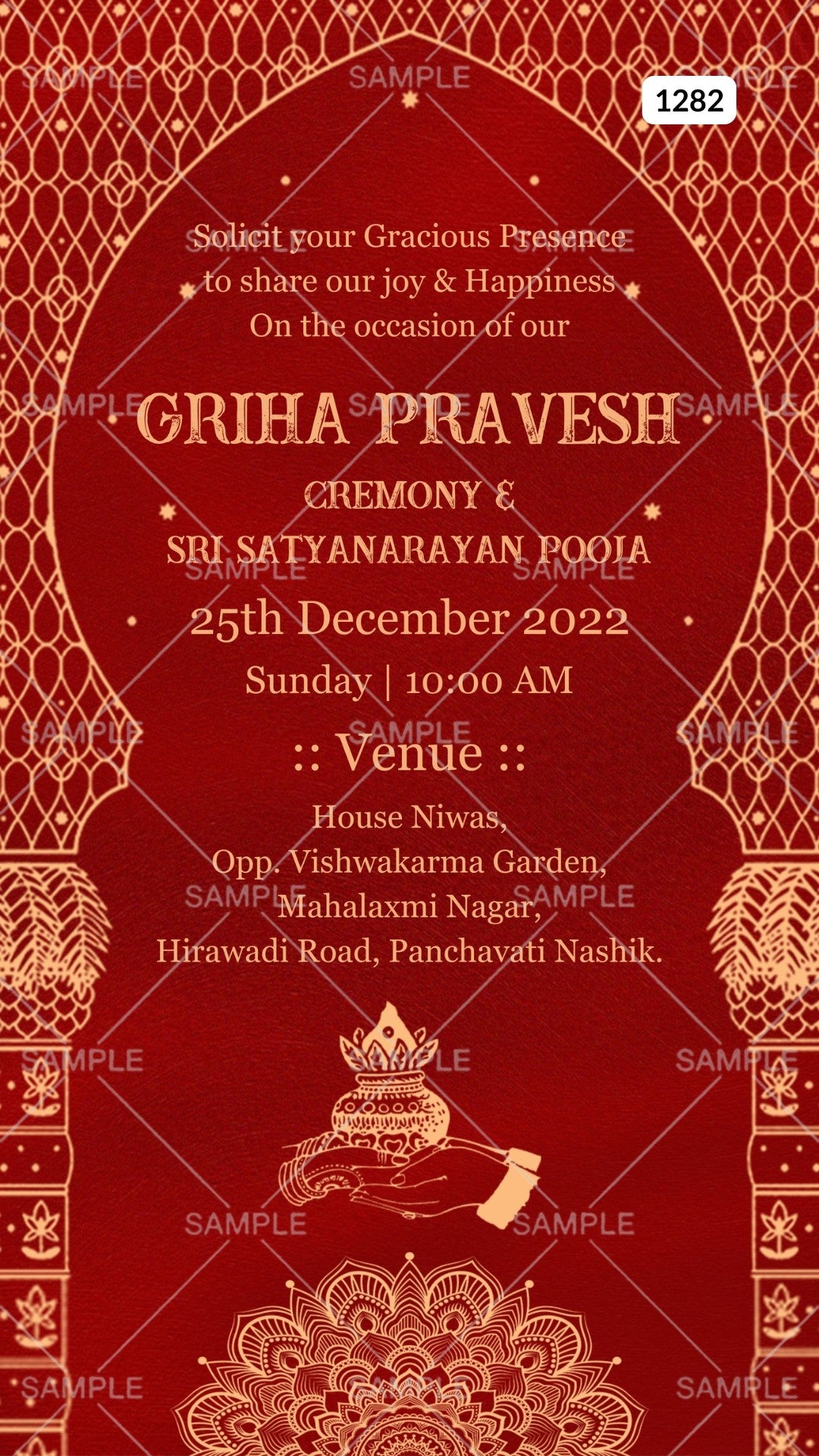 Red invitation card for Griha Pravesh ceremony with gold text and design elements.