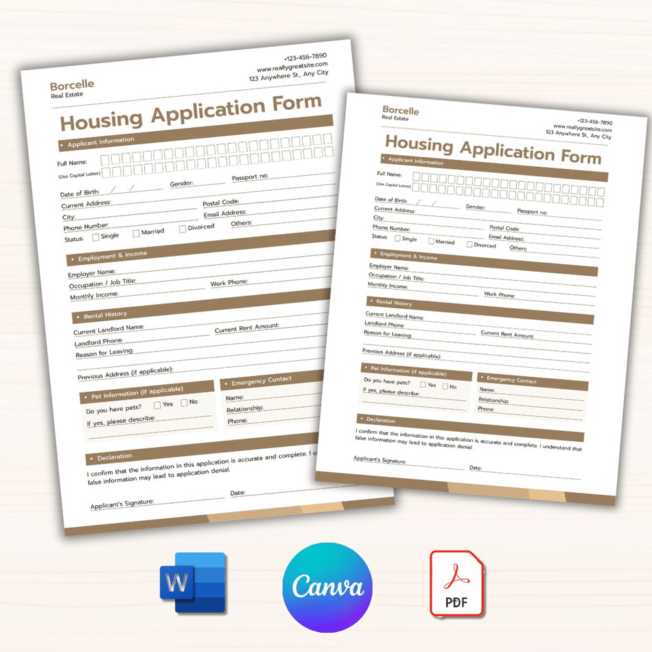 Two housing application forms with software logos for Word, Canva, and PDF.
