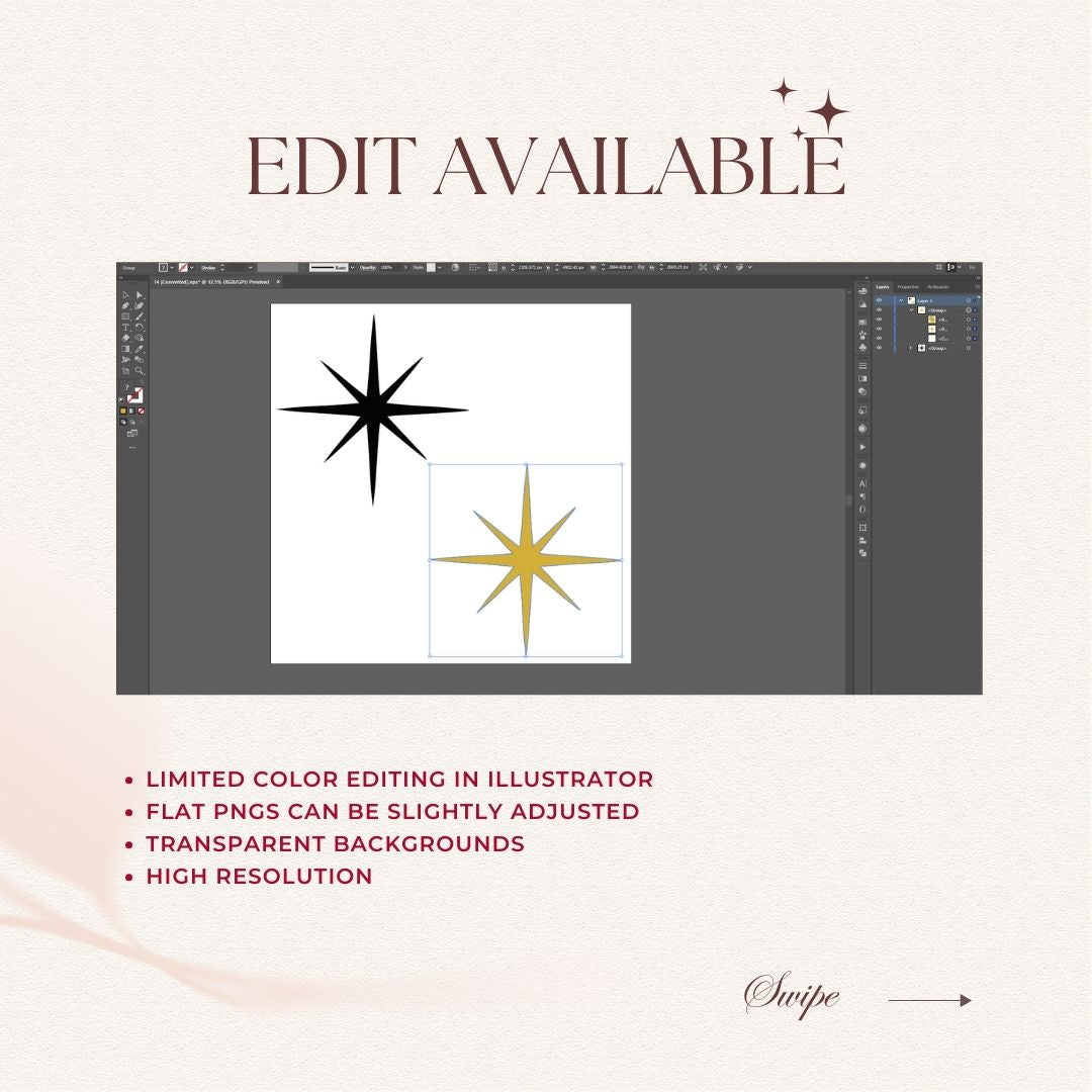Computer screen displaying graphic design software with two star illustrations, text about editing options.