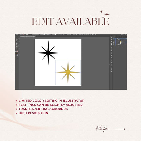 Computer screen displaying graphic design software with two star illustrations, text about editing options.