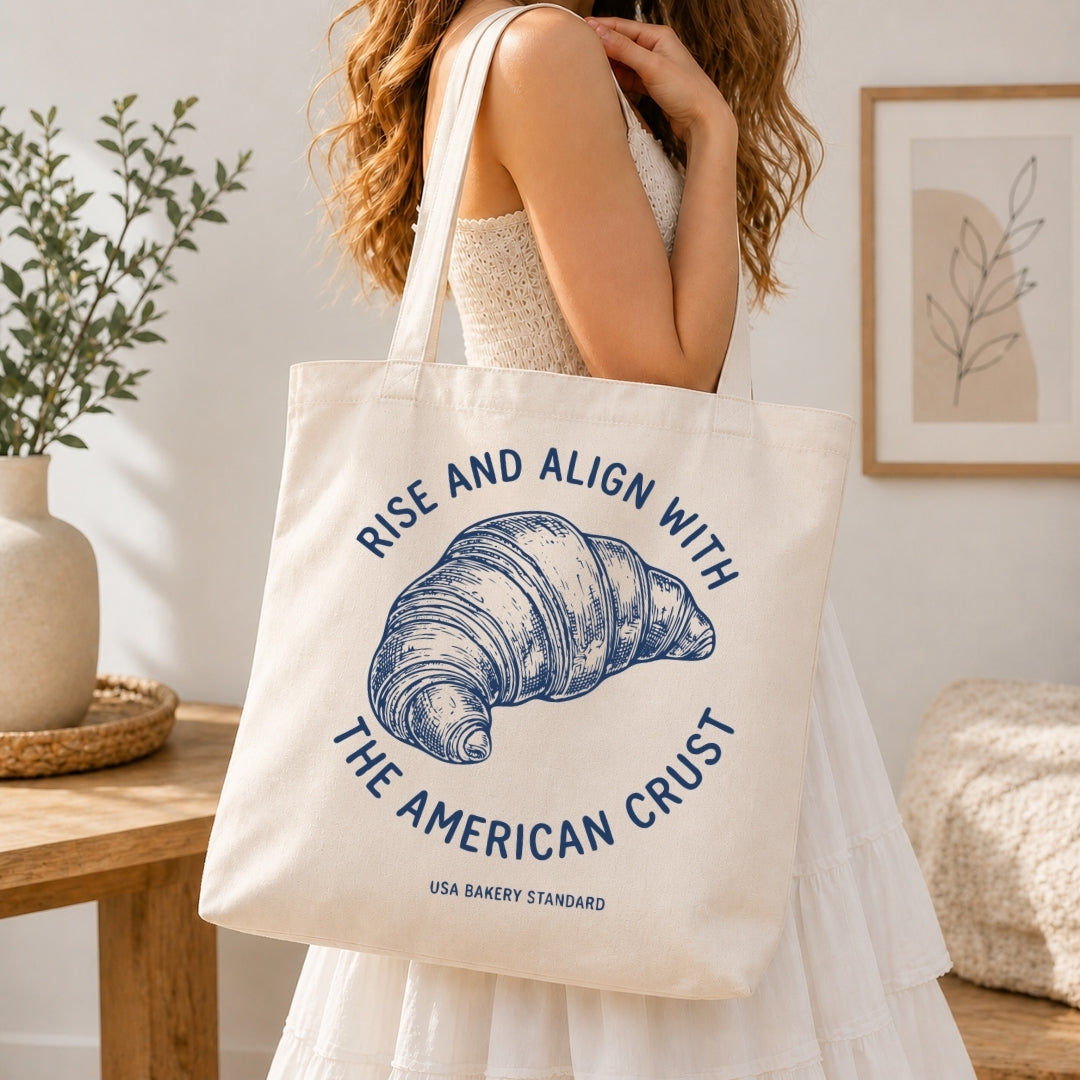 Person holding a tote bag with a shell design and text in a home setting