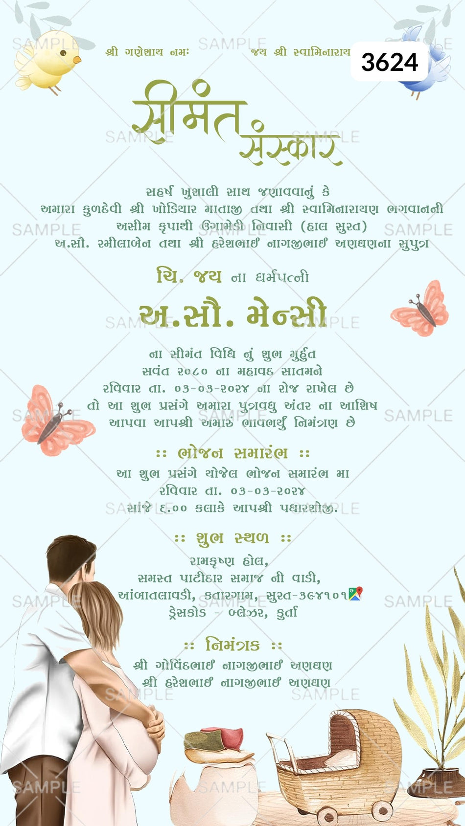Simant vidhi invitation card template with couple doodle, birds as playful theme design 3624