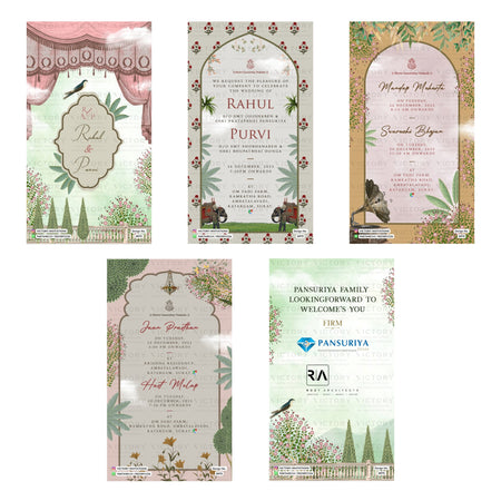 Traditional Indian wedding digital invitation card set 3473 featuring , Mandap Muhurta, Swaruchi Bhajan, Jaan Prasthan, and Hast Melap templates.