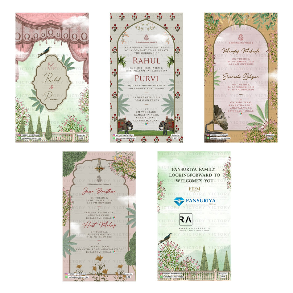 Traditional Indian wedding digital invitation card set 3473 featuring , Mandap Muhurta, Swaruchi Bhajan, Jaan Prasthan, and Hast Melap templates.
