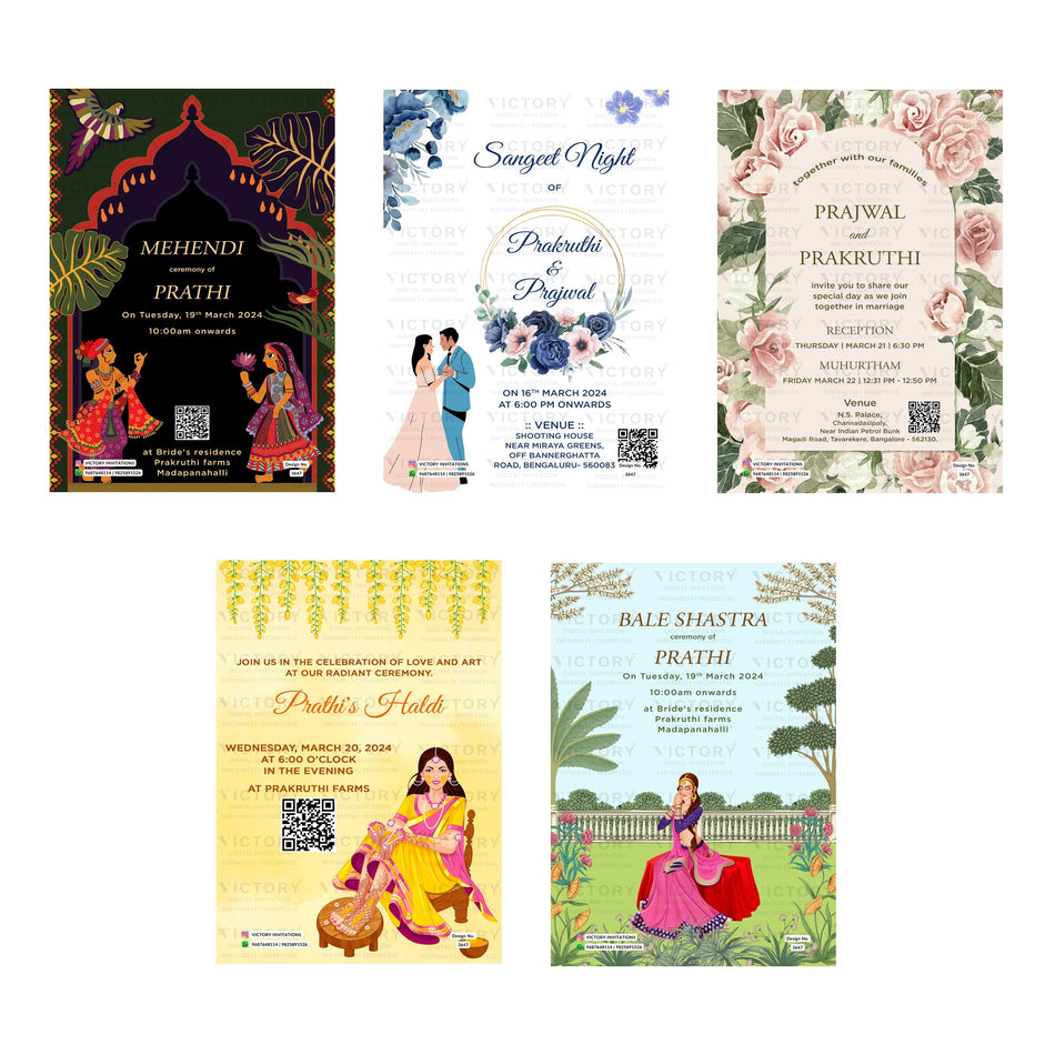 Six Indian wedding invitation card designs arranged in a 2x3 grid on a white background. The designs feature traditional Indian motifs, including illustrations of Lord Krishna, floral borders, and text for various wedding ceremonies such as Pradi, Prakash, and Brahmah Pradi.