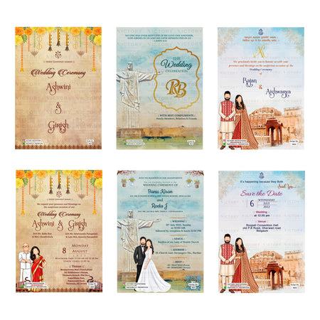 Traditional Christian and Hindu wedding digital invitation card set featuring Ashwini and Girish, Banu Kiran and Reeta J, and Rajan and Aishwarya templates   