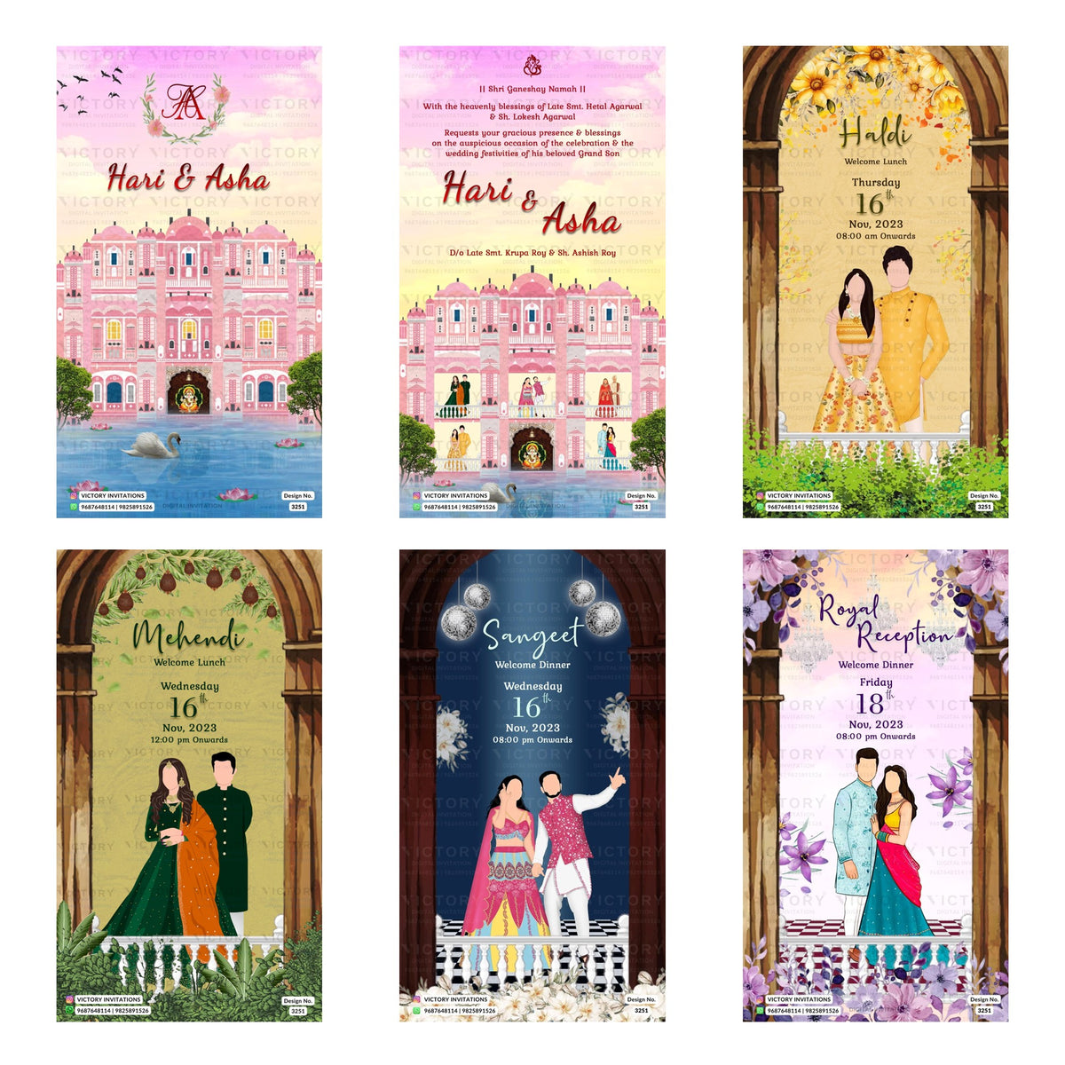 Traditional Indian wedding digital invitation card set 3251 featuring Hari and Asha, Haldi, Mehendi, Sangeet, and Royal Reception templates.