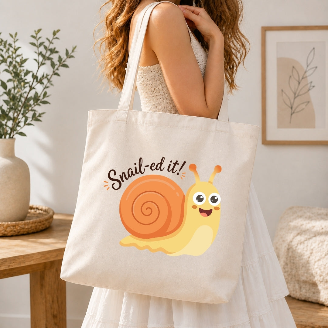 Person holding a tote bag with a snail design and text in a home setting