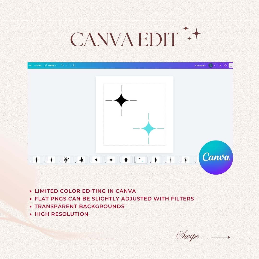 Canva Edit software interface with star icons and branding elements.