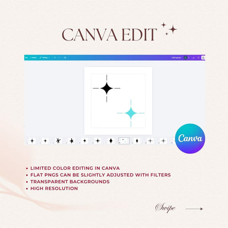 Canva Edit software interface with star icons and branding elements.