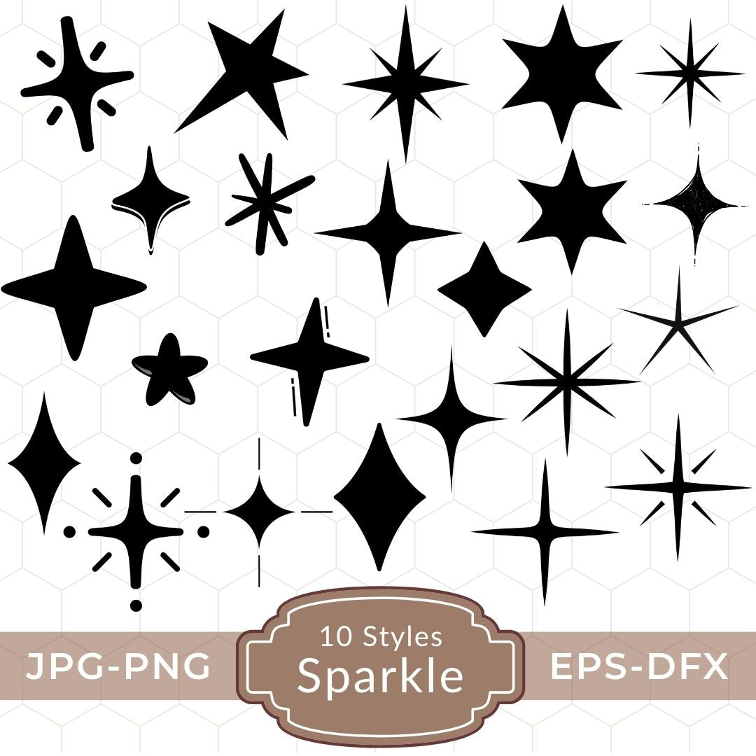 Black star-shaped sparkles on a white background with text indicating file formats and styles.