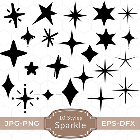 Black star-shaped sparkles on a white background with text indicating file formats and styles.