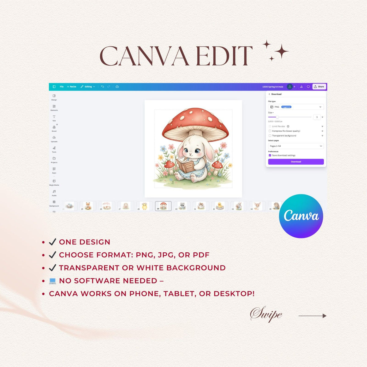Canva editing software interface with a cartoon character and mushroom illustration.