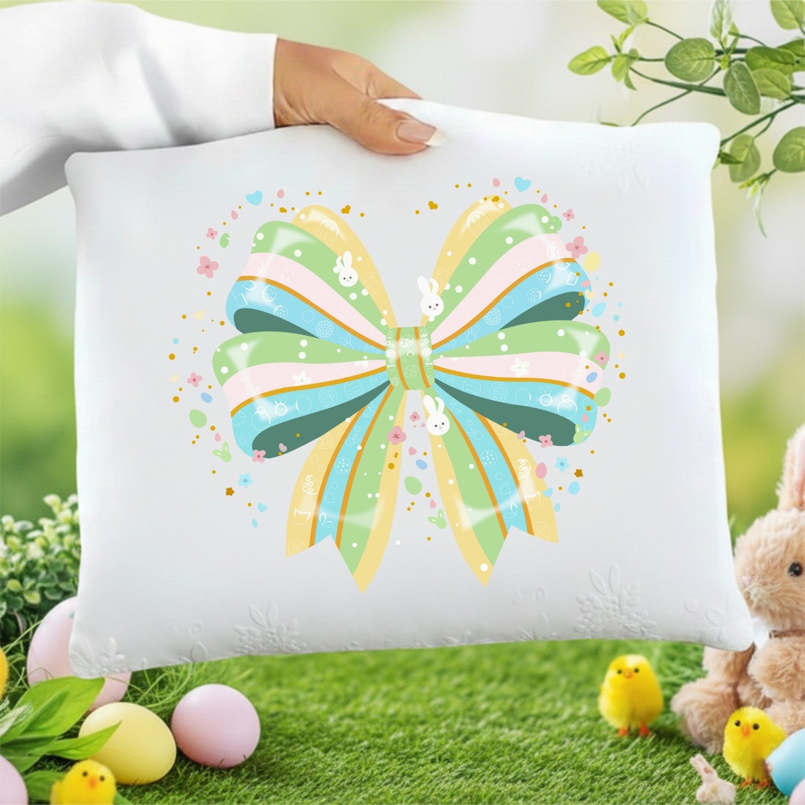 Pillow with a colorful bow design held by a person outdoors with Easter decorations.