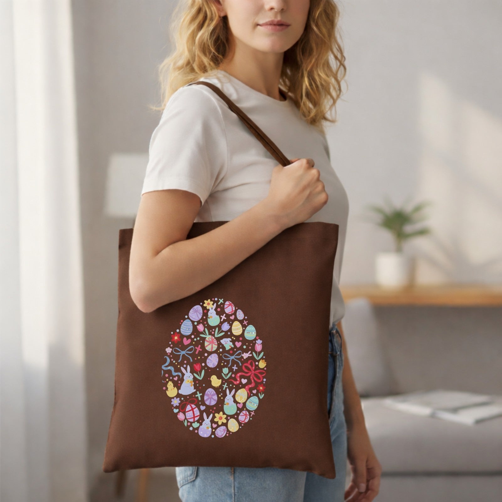 Woman holding a brown tote bag with a colorful Easter design in a living room.