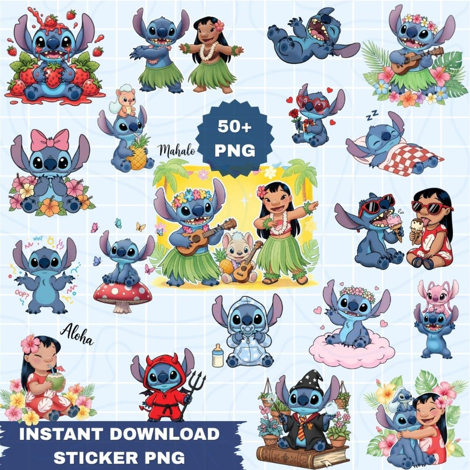 Stitch & Lilo Cartoon PNG Bundle | 50+ Ohana Sublimation Designs | Digital Sticker Pack | Instant Download - C26