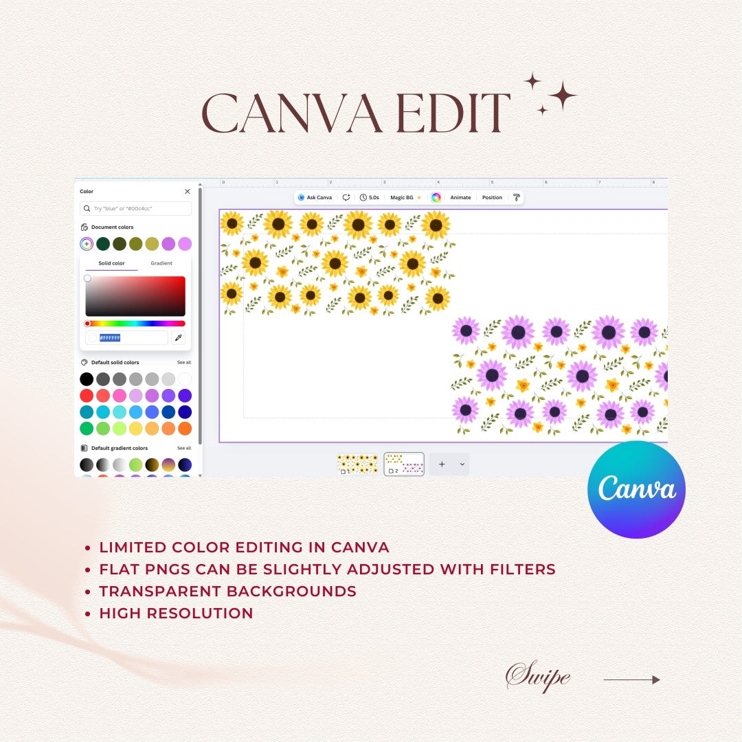 Canva design software interface with floral patterns and color editing options.