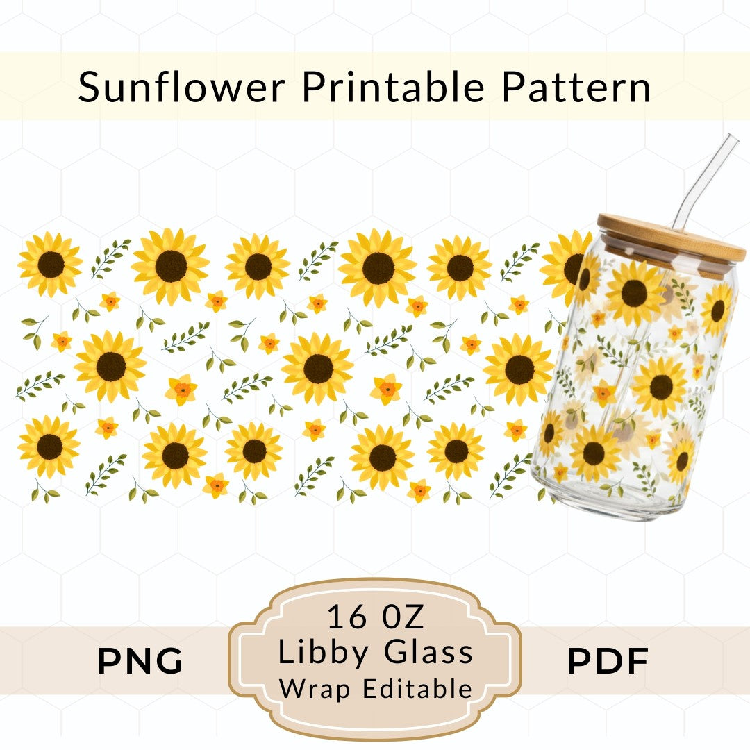 Sunflower-themed glass wrap design with a glass tumbler featuring sunflower pattern on a white background.