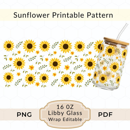Sunflower-themed glass wrap design with a glass tumbler featuring sunflower pattern on a white background.
