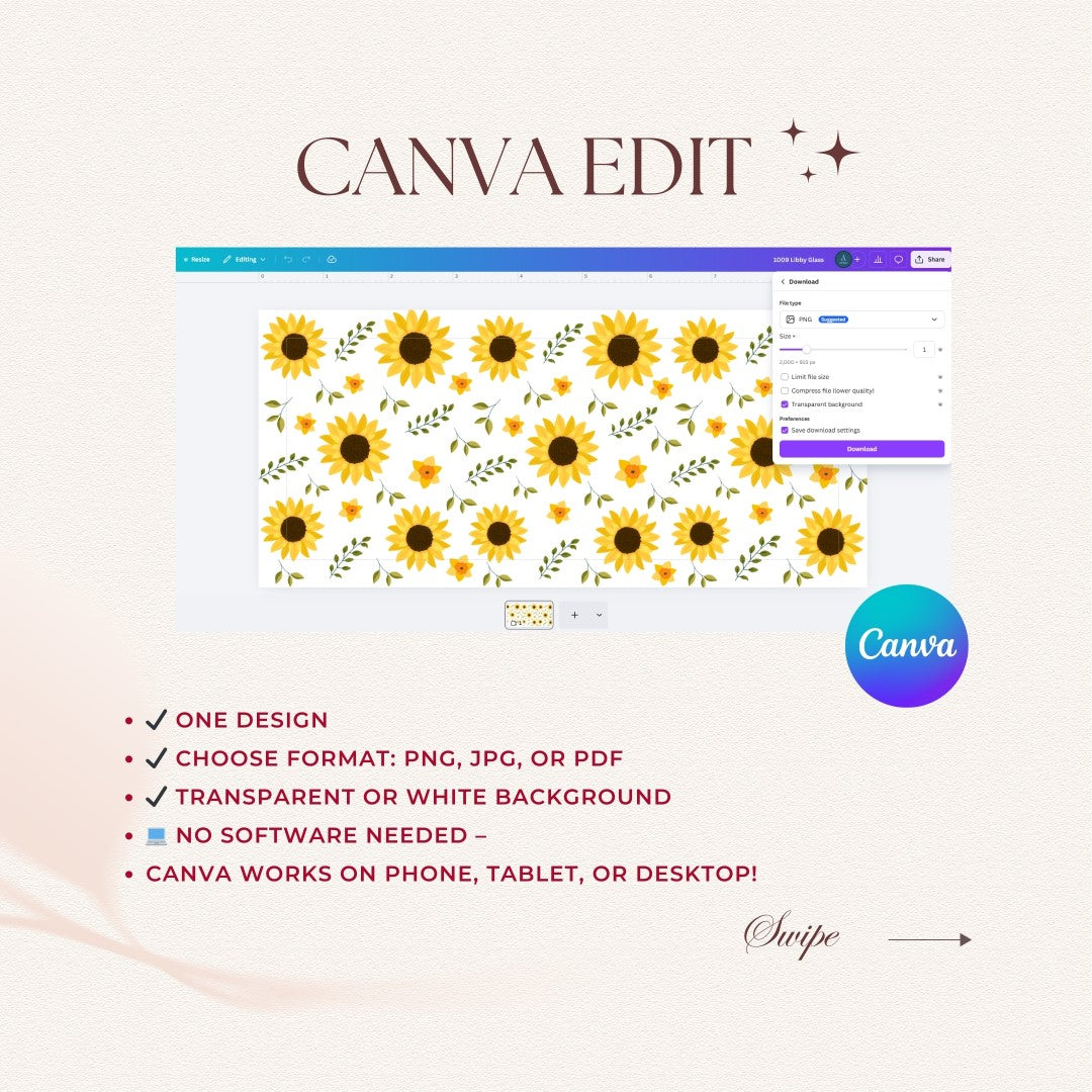 Canva design software interface with sunflower pattern and branding elements.