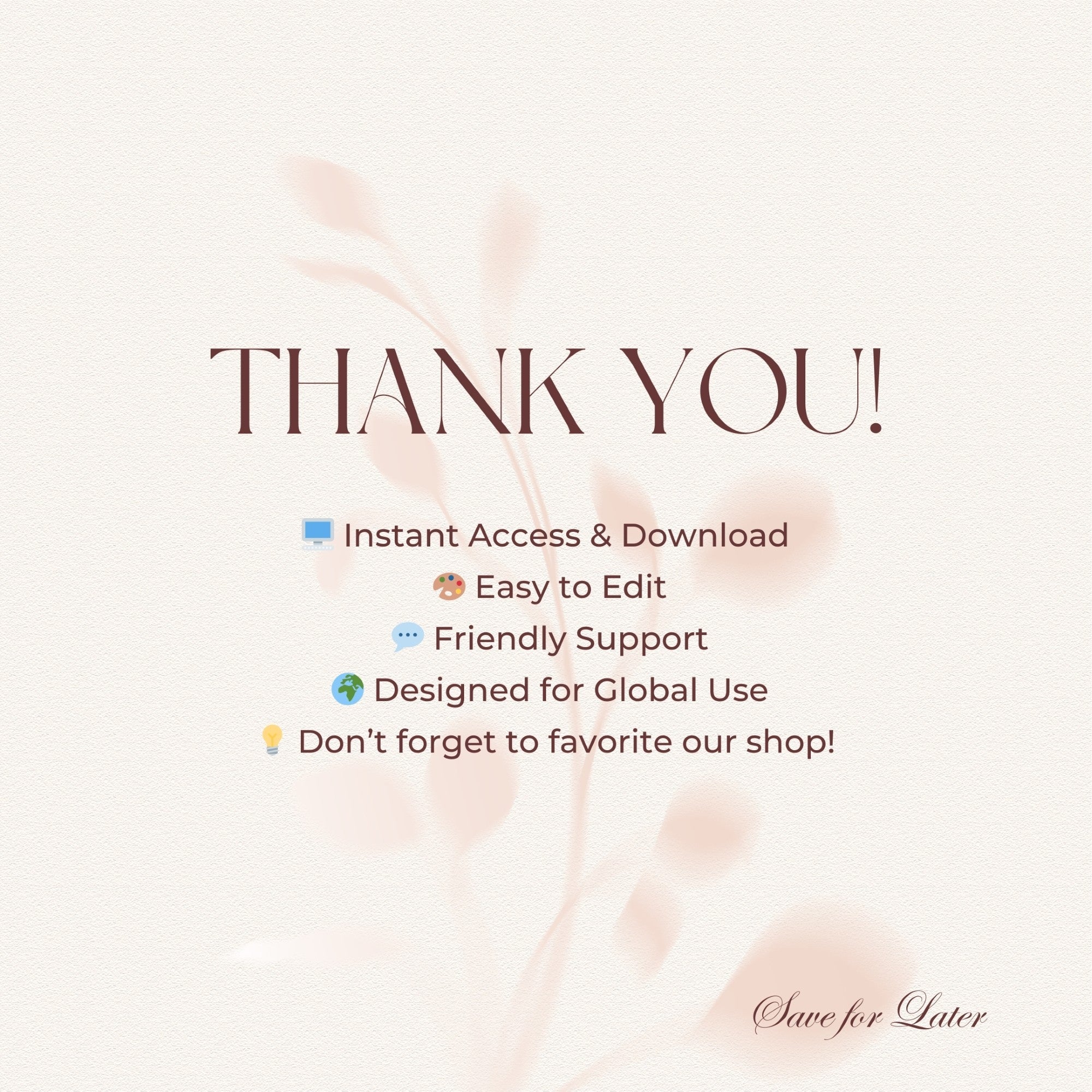 Text 'THANK YOU!' with features listed on a light background