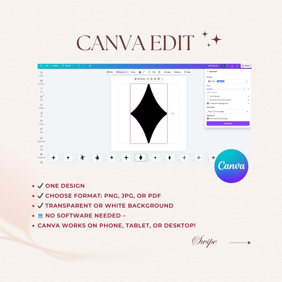 Canva design software interface with a black diamond shape on a white background.