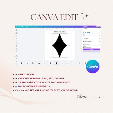Canva design software interface with a black diamond shape on a white background.