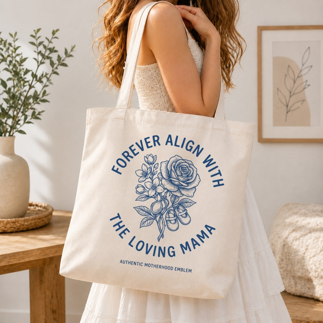 Person holding a tote bag with floral design and text in a home setting