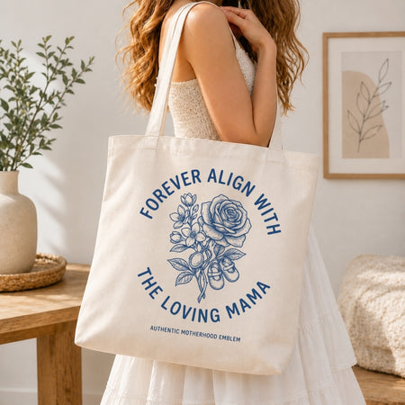 Person holding a tote bag with floral design and text in a home setting