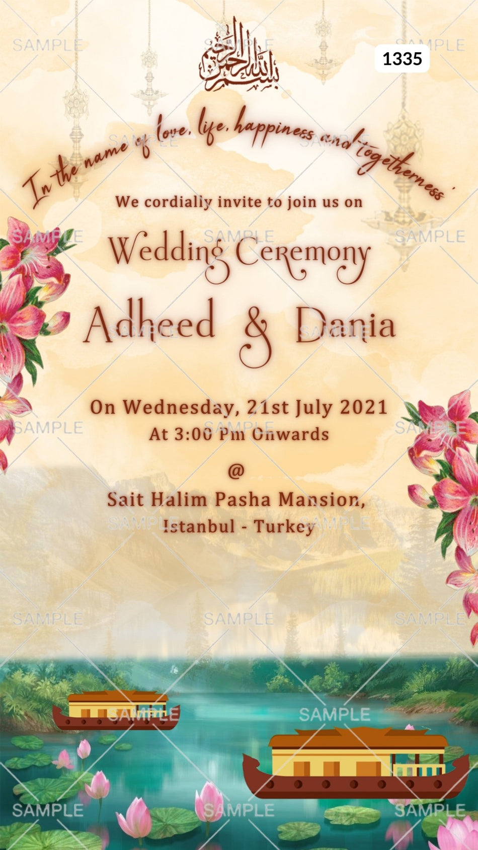 Wedding invitation card with floral design and text details