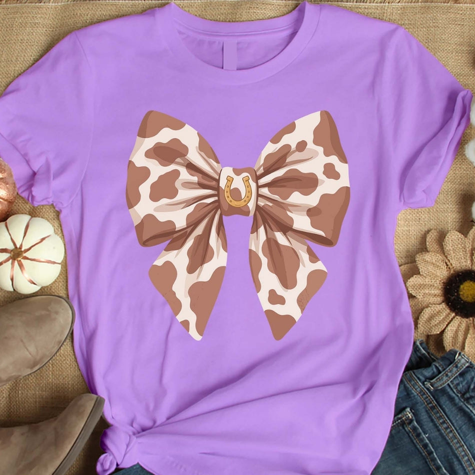 Cow Print Bow PNG, Western Coquette Sublimation Design, Cowboy Girl Bow Graphic, Neutral Farmhouse Shirt Print, Digital Download A 1593